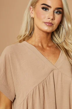 Rebellious Fashion Beige V-Neck Tiered Frill Mini Dress - Kate