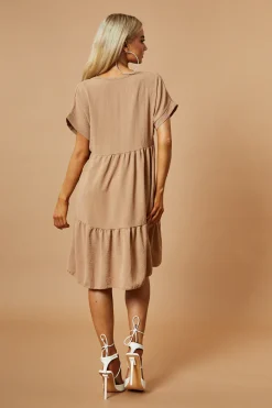 Rebellious Fashion Beige V-Neck Tiered Frill Mini Dress - Kate