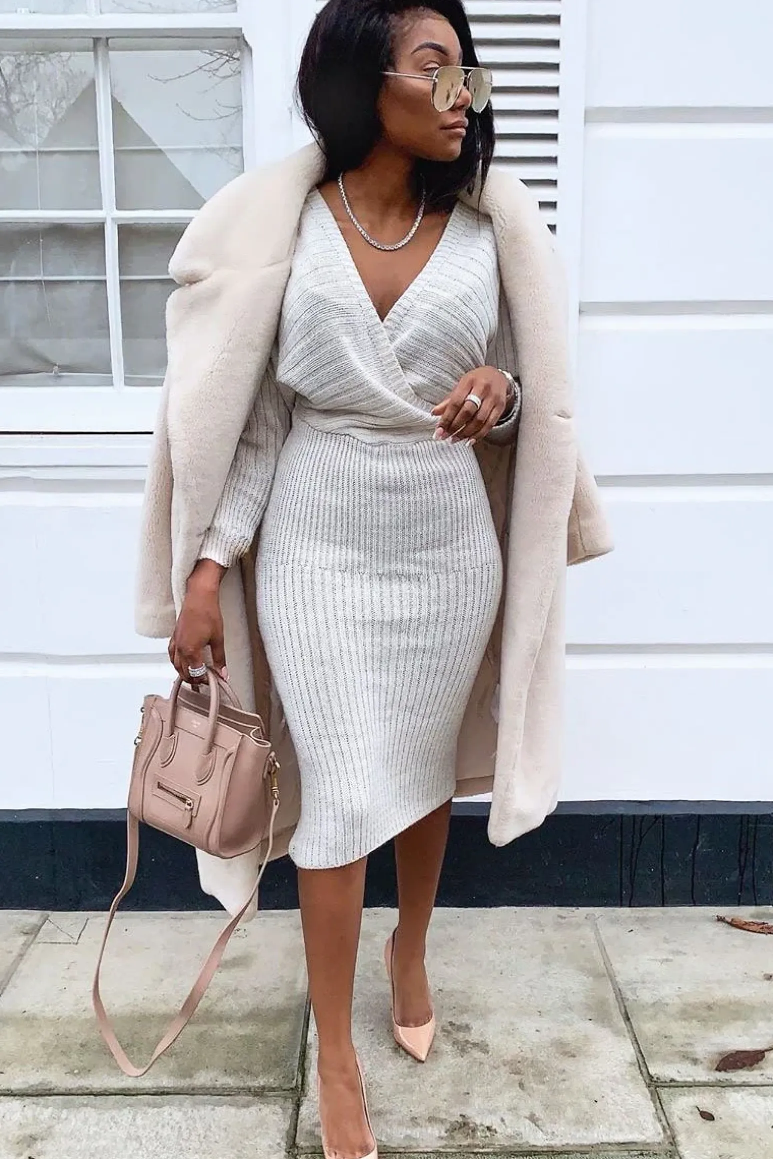 Rebellious Fashion Beige Wrap Front Knit Midi Dress - Edan