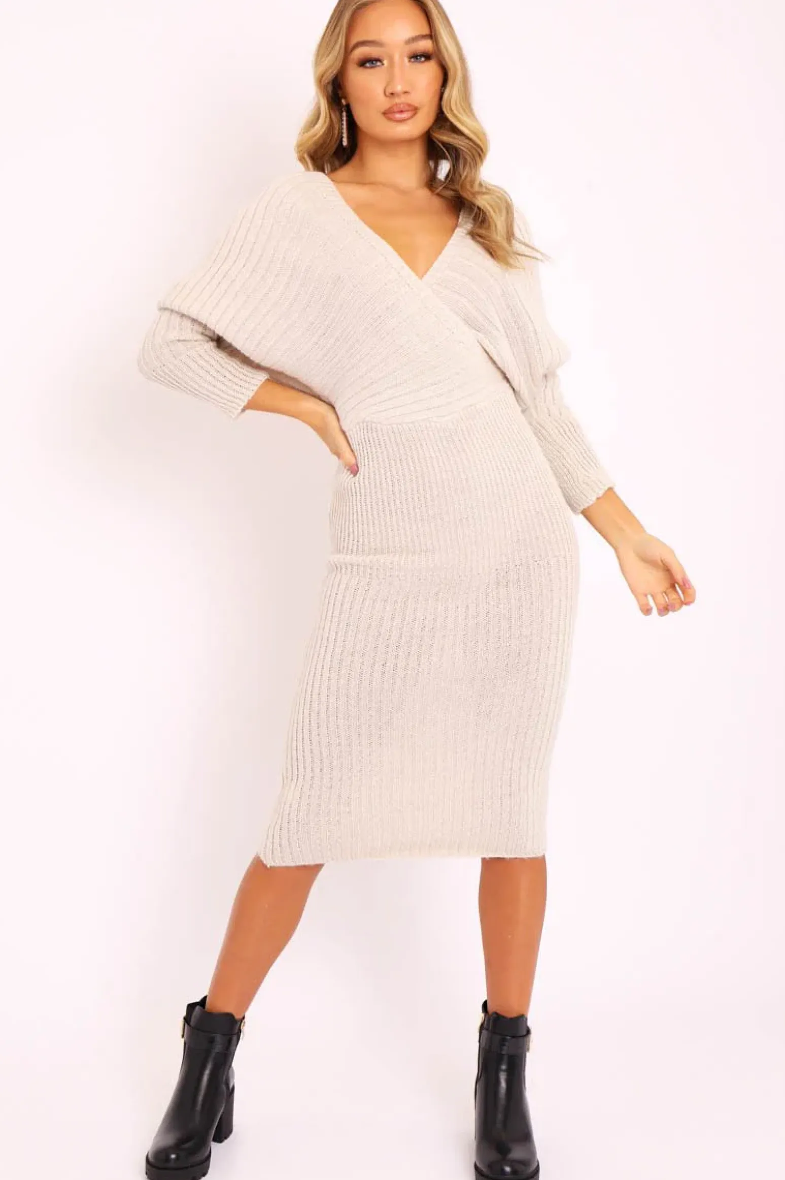 Rebellious Fashion Beige Wrap Front Knit Midi Dress - Edan