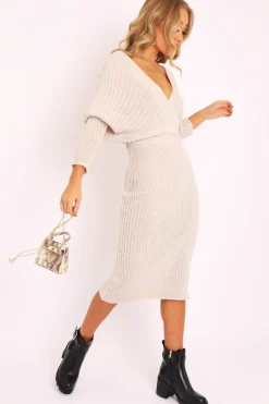 Rebellious Fashion Beige Wrap Front Knit Midi Dress - Edan