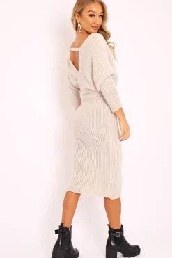 Rebellious Fashion Beige Wrap Front Knit Midi Dress - Edan