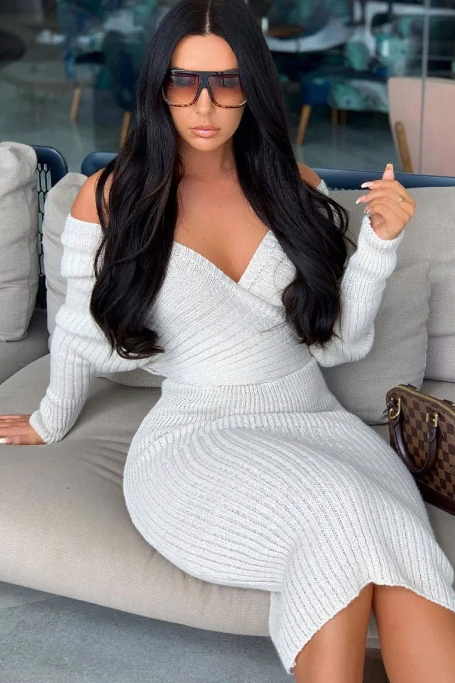 Rebellious Fashion Beige Wrap Front Knit Midi Dress - Edan