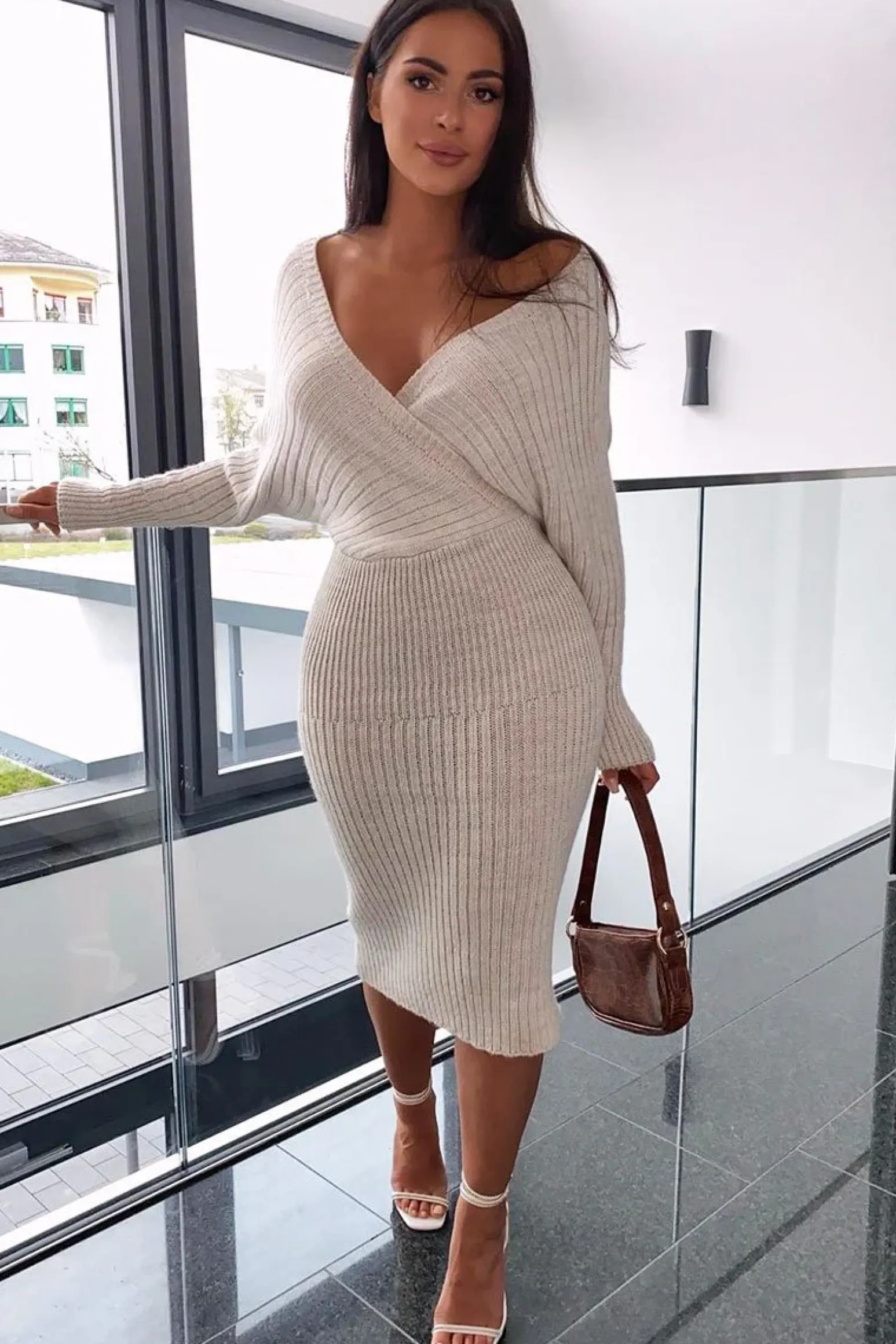 Rebellious Fashion Beige Wrap Front Knit Midi Dress - Edan