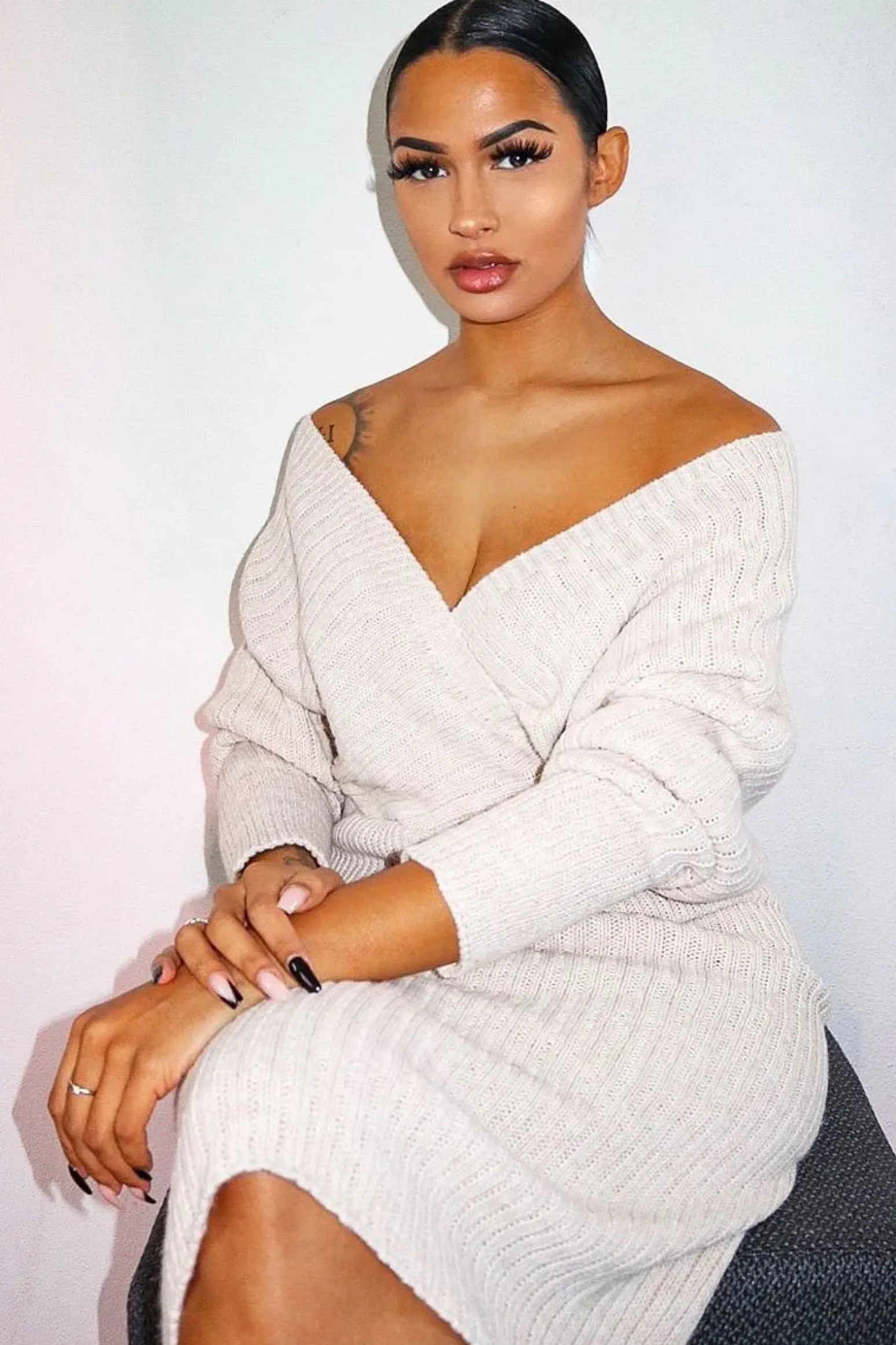 Rebellious Fashion Beige Wrap Front Knit Midi Dress - Edan