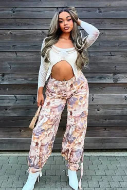 Rebellious Fashion Beige Abstract Print Tie Hem Cargo Trousers - Britney
