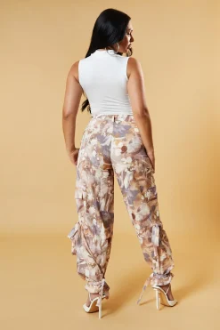 Rebellious Fashion Beige Abstract Print Tie Hem Cargo Trousers - Britney