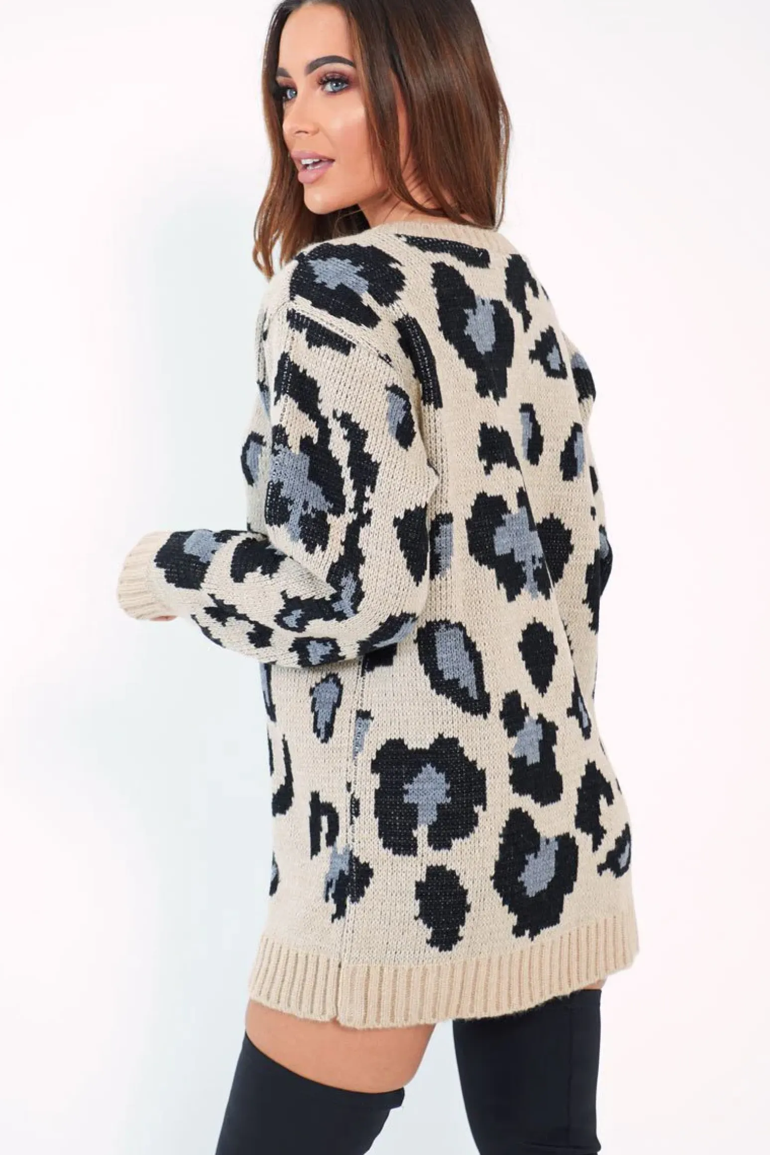 Rebellious Fashion Beige and Blue Leopard Print Jumper Dress - Nancy