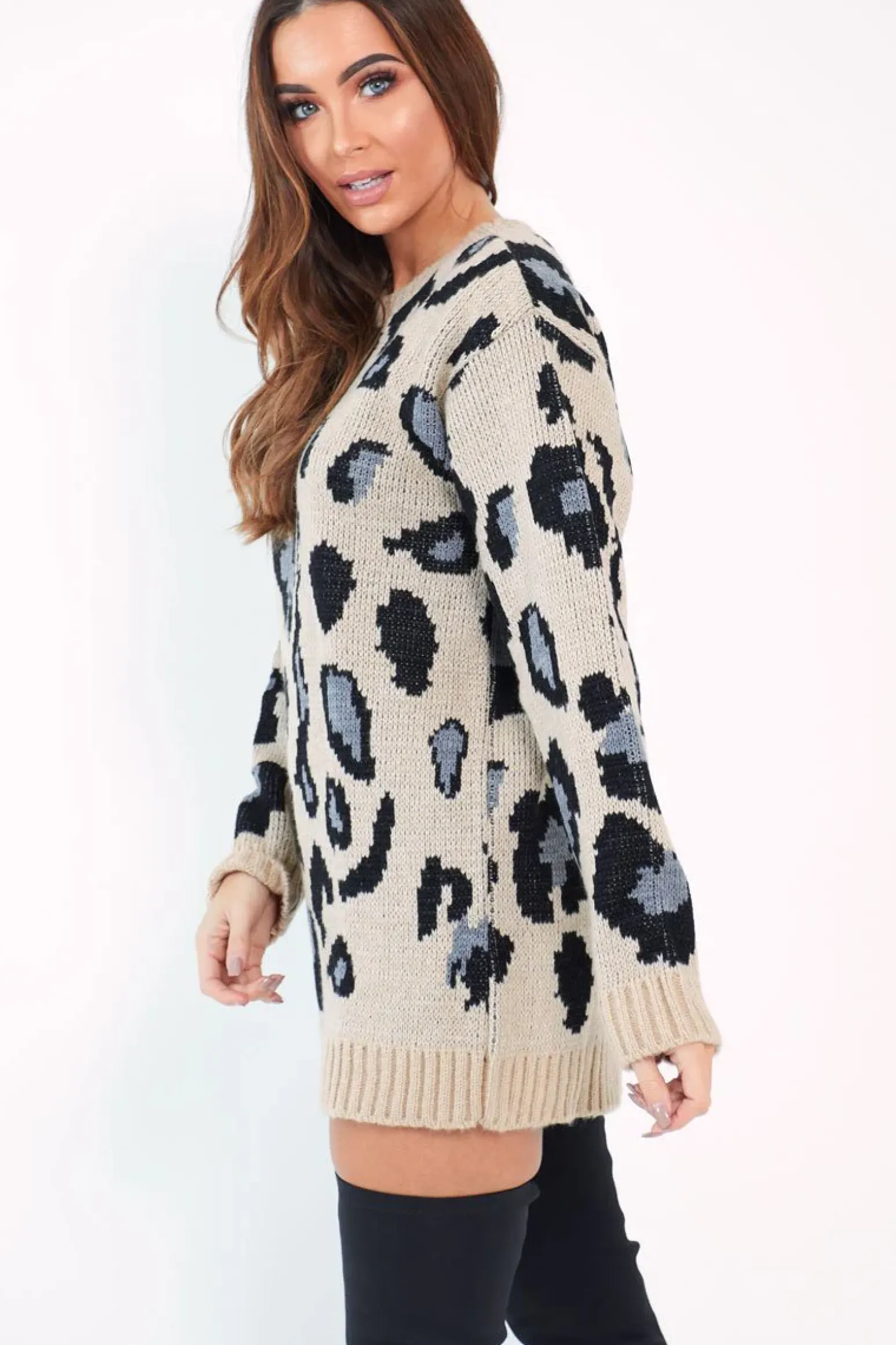 Rebellious Fashion Beige and Blue Leopard Print Jumper Dress - Nancy