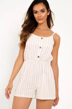 Rebellious Fashion Beige And White Stripe Button Front Playsuit - Aaryn