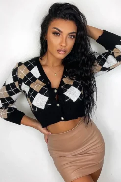 Rebellious Fashion Beige Argyle Print Knit Cardigan - Dazie