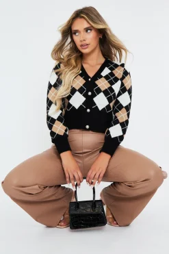 Rebellious Fashion Beige Argyle Print Knit Cardigan - Dazie