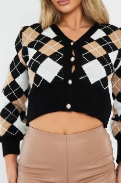 Rebellious Fashion Beige Argyle Print Knit Cardigan - Dazie