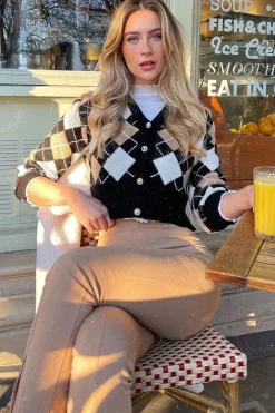 Rebellious Fashion Beige Argyle Print Knit Cardigan - Dazie