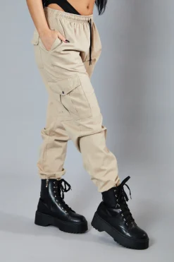 Rebellious Fashion Beige Baggy Cuffed Cargo Trousers - Shemaz