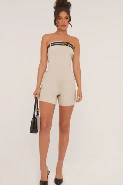 Rebellious Fashion Beige Bandeau Belt Detail Playsuit - Dolly