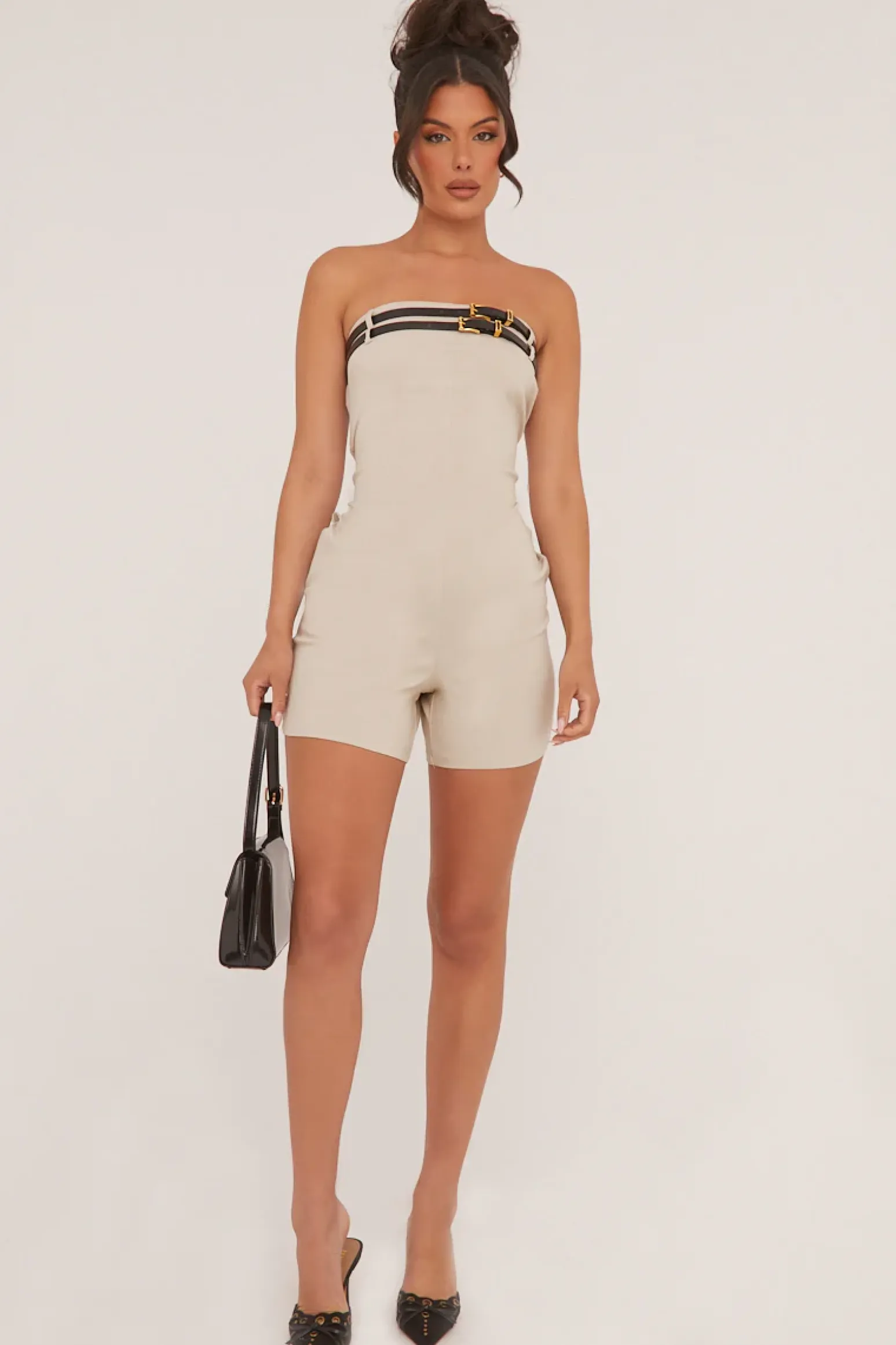 Rebellious Fashion Beige Bandeau Belt Detail Playsuit - Dolly