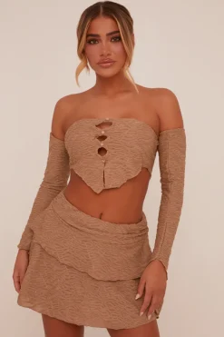 Rebellious Fashion Beige Bandeau Cut Out Crop Top & Frill Detail Mini skirt Co-ord Set - Zelda