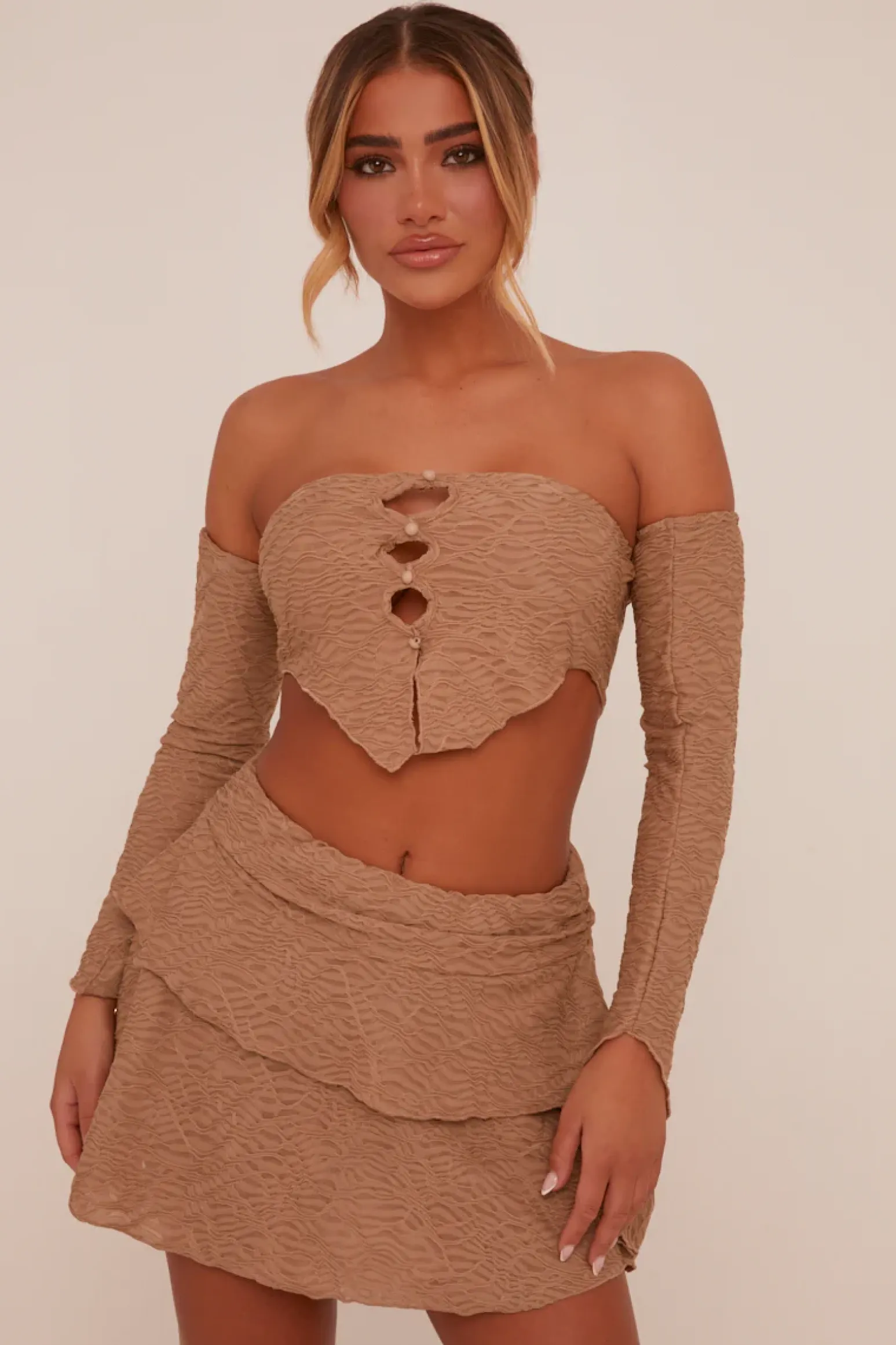 Rebellious Fashion Beige Bandeau Cut Out Crop Top & Frill Detail Mini skirt Co-ord Set - Zelda
