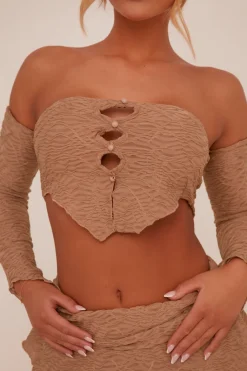 Rebellious Fashion Beige Bandeau Cut Out Crop Top & Frill Detail Mini skirt Co-ord Set - Zelda