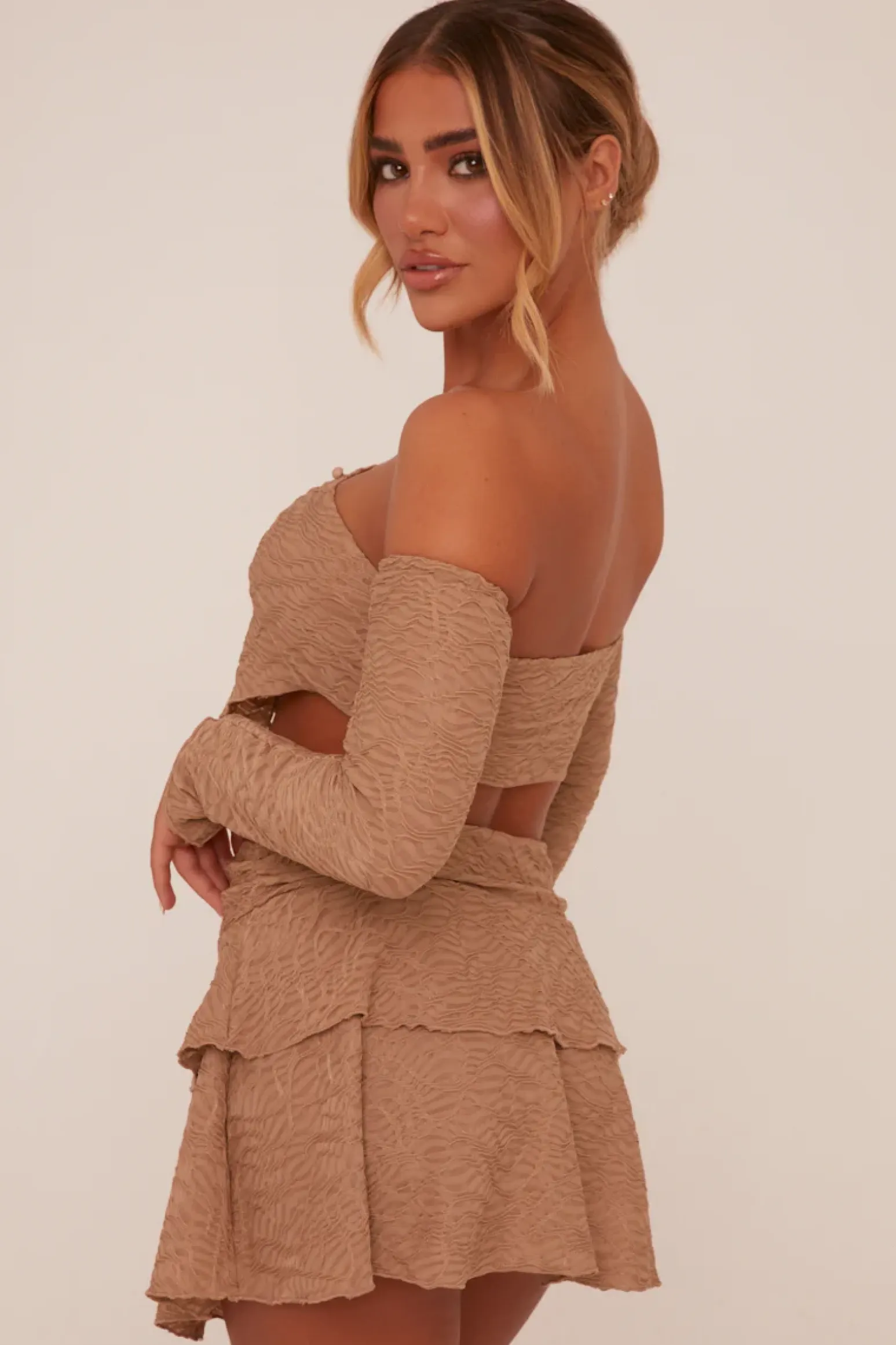 Rebellious Fashion Beige Bandeau Cut Out Crop Top & Frill Detail Mini skirt Co-ord Set - Zelda
