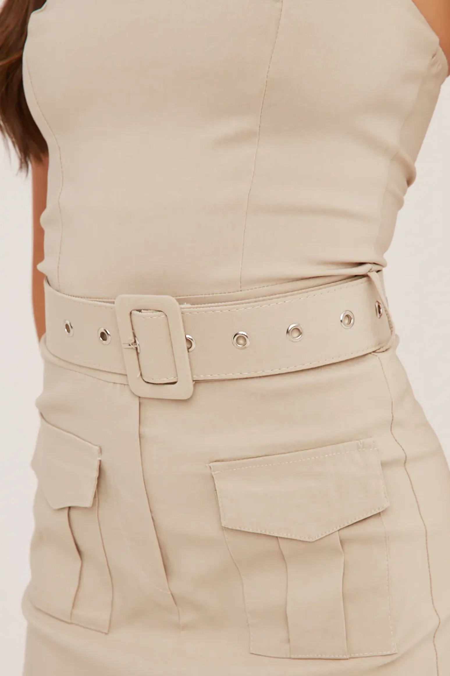 Rebellious Fashion Beige Bandeau Self Belt Mini Playsuit - Juni