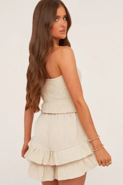 Rebellious Fashion Beige Bandeau Shirring Detail Frill Hem Playsuit - Dacey