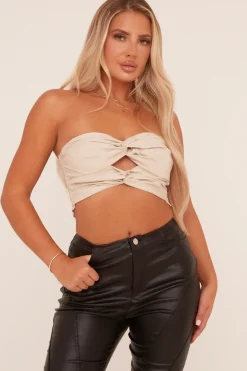Rebellious Fashion Beige Bandeau Twist Front Cropped Top - Annina