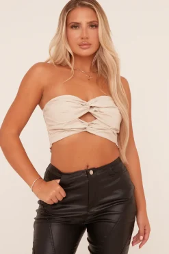 Rebellious Fashion Beige Bandeau Twist Front Cropped Top - Annina