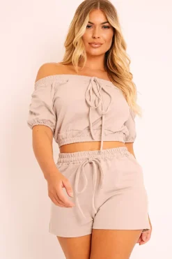 Rebellious Fashion Beige Bardot Crop and Shorts Loungewear Co-ord - Jahari