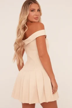 Rebellious Fashion Beige Bardot Pleated Tailored Blazer Dress - Elmina