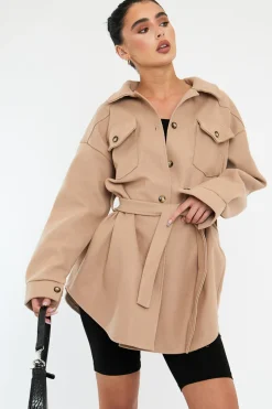 Rebellious Fashion Beige Belted Pocket Front Shacket - Meera
