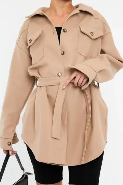 Rebellious Fashion Beige Belted Pocket Front Shacket - Meera