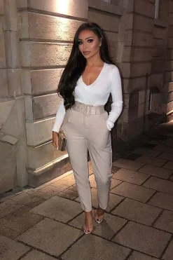 Rebellious Fashion Beige Belted Tapered Peg Trousers - Jessika