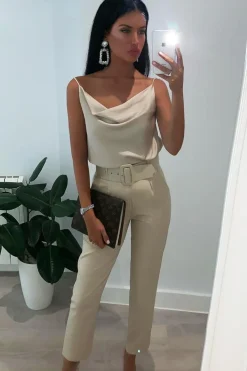 Rebellious Fashion Beige Belted Tapered Peg Trousers - Jessika