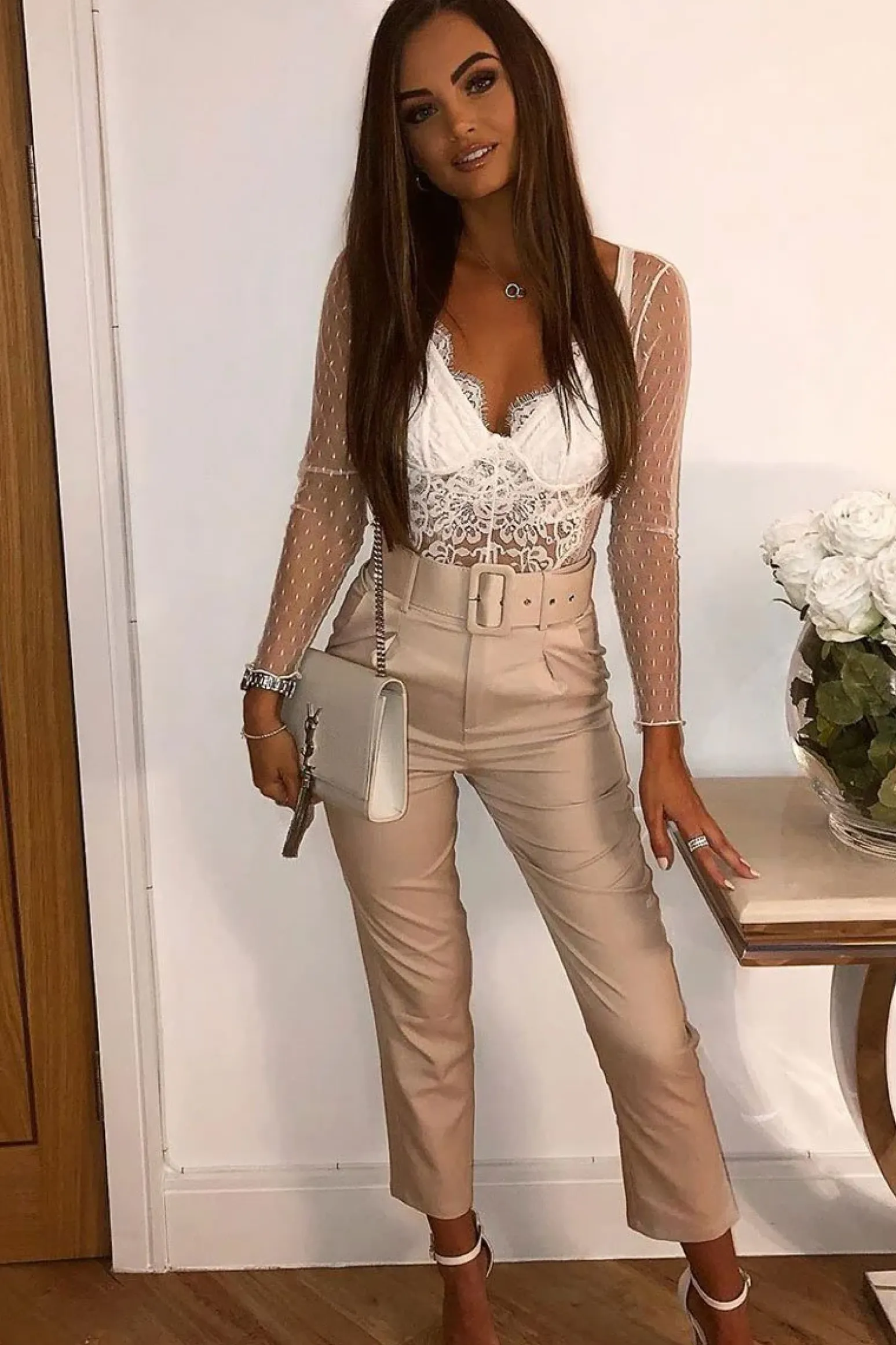 Rebellious Fashion Beige Belted Tapered Peg Trousers - Jessika