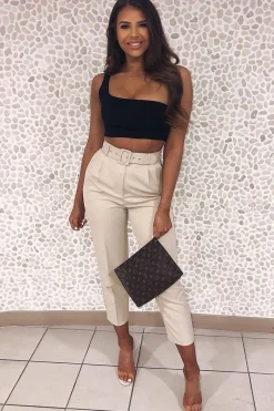 Rebellious Fashion Beige Belted Tapered Peg Trousers - Jessika