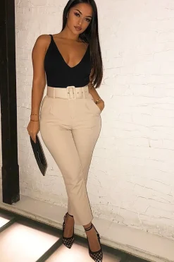 Rebellious Fashion Beige Belted Tapered Peg Trousers - Jessika