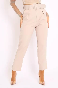 Rebellious Fashion Beige Belted Tapered Peg Trousers - Jessika