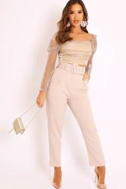 Rebellious Fashion Beige Belted Tapered Peg Trousers - Jessika