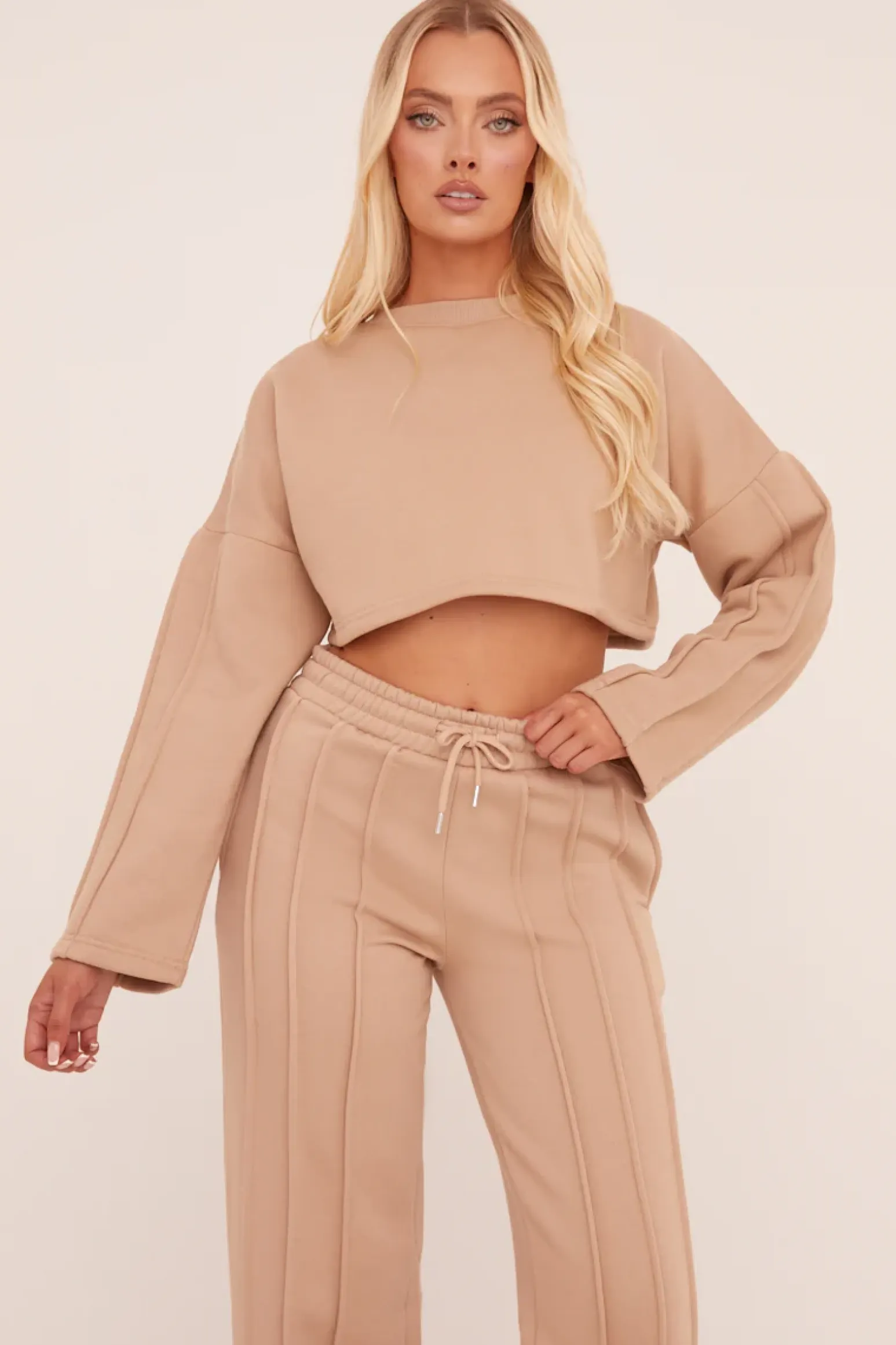 Rebellious Fashion Beige Binding Detail Loungewear Co-ord Set - Ceri