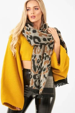 Rebellious Fashion Beige Black Leopard Print Knit Scarf - Addelyn