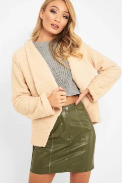 Rebellious Fashion Beige Borg Waterfall Jacket - Milinda