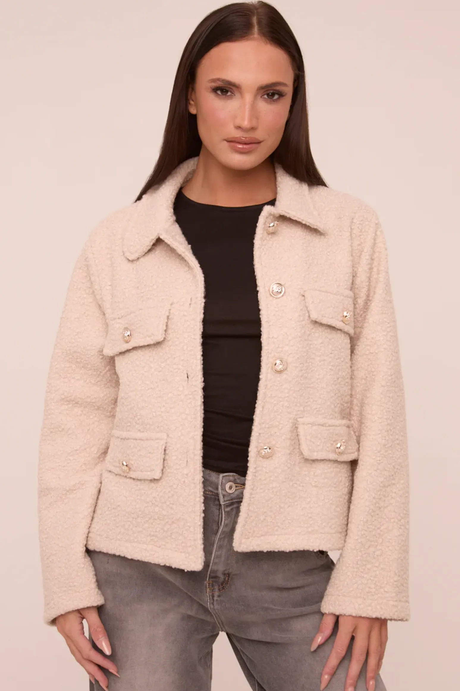 Rebellious Fashion Beige Boucle Button Up Front Pocket Detail Jacket - Vanessa