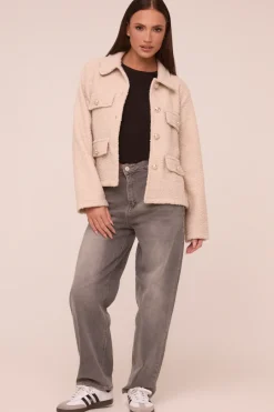 Rebellious Fashion Beige Boucle Button Up Front Pocket Detail Jacket - Vanessa