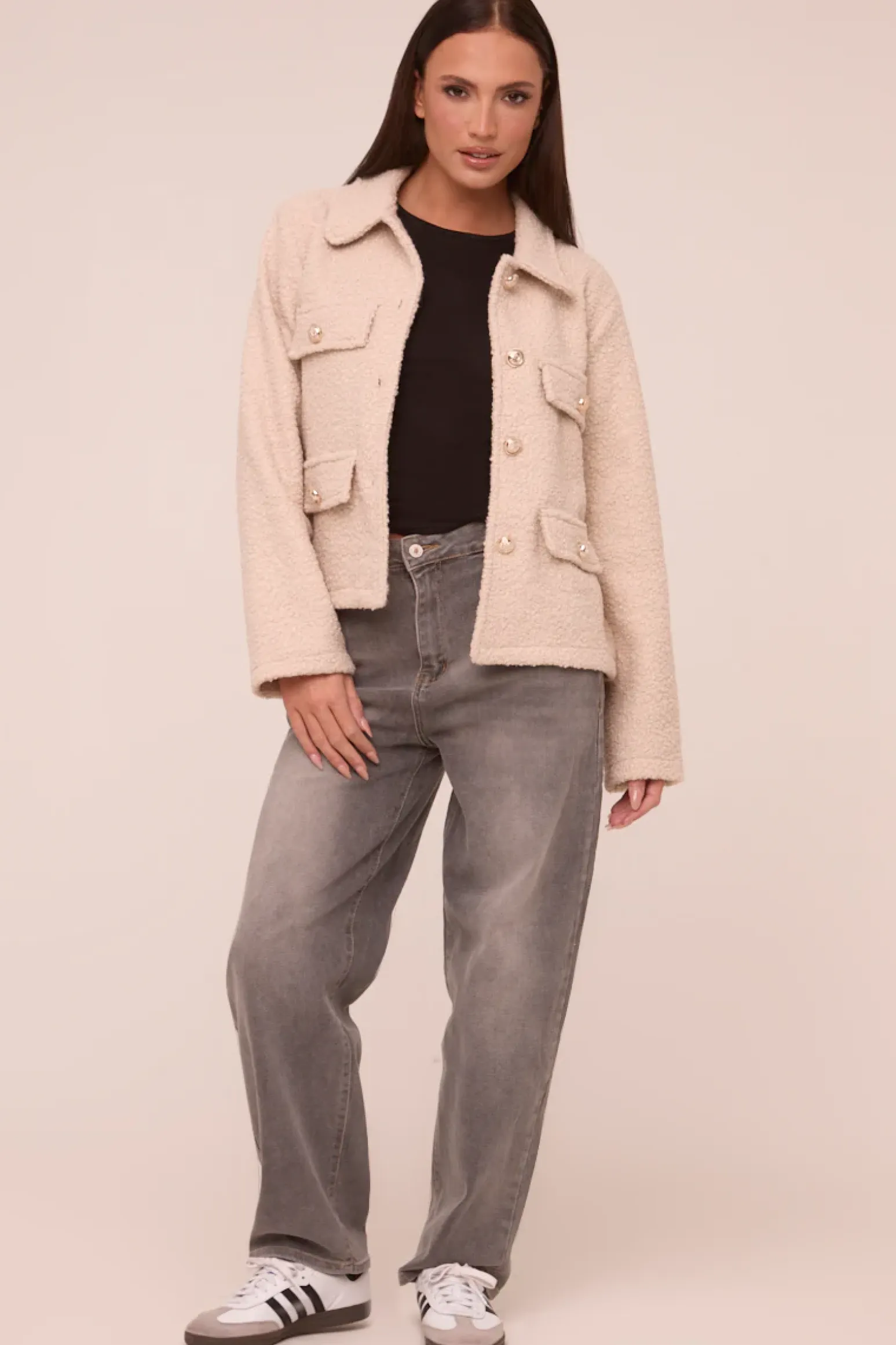 Rebellious Fashion Beige Boucle Button Up Front Pocket Detail Jacket - Vanessa