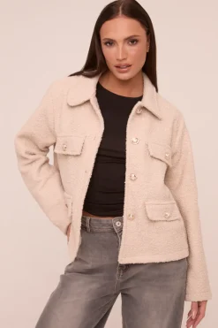 Rebellious Fashion Beige Boucle Button Up Front Pocket Detail Jacket - Vanessa