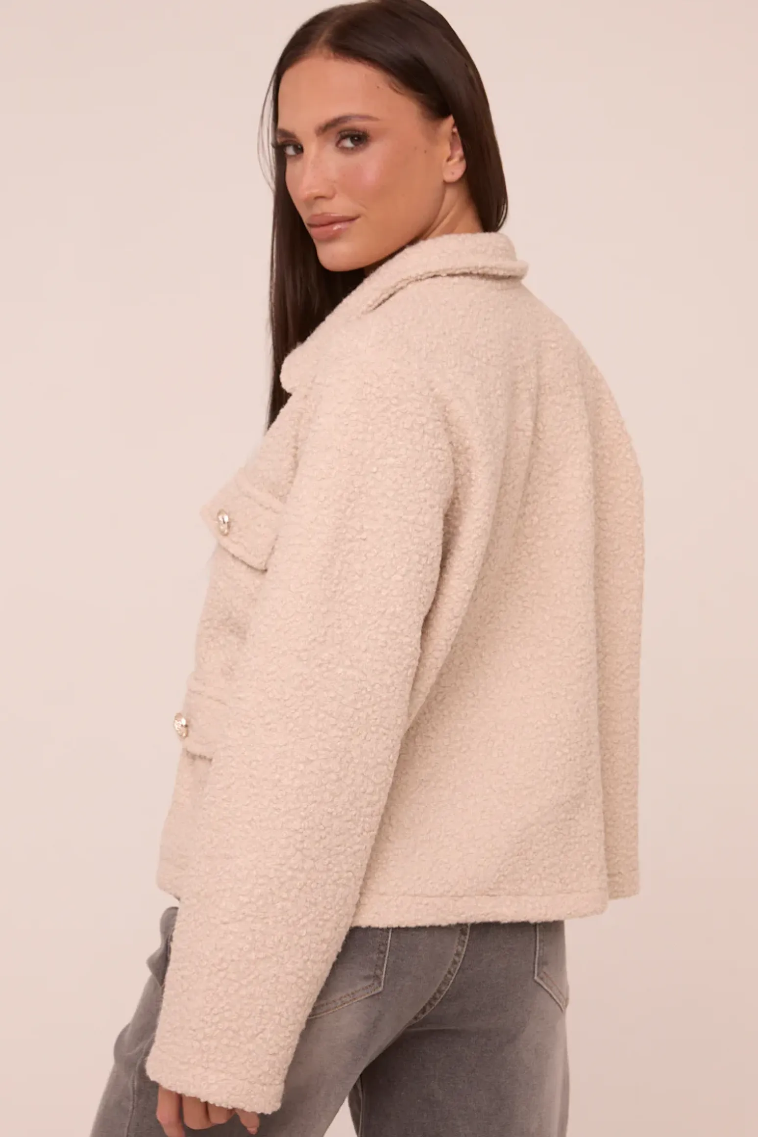 Rebellious Fashion Beige Boucle Button Up Front Pocket Detail Jacket - Vanessa