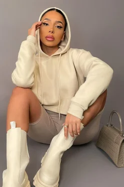 Rebellious Fashion Beige Box Fit Cropped Hoodie - Neala