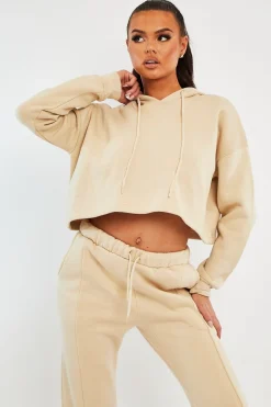 Rebellious Fashion Beige Box Fit Cropped Hoodie - Neala